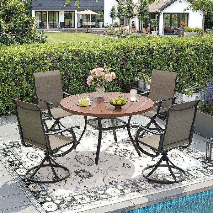 DIFY Outdoor Dining Set for 4, 5 Piece Patio Table and Chairs Set, Swivel Patio Dining Chairs with Brown Textilene & 40.6" Walnut Round Metal Dining Table with Umbrella Hole, for Garden Backyard Deck