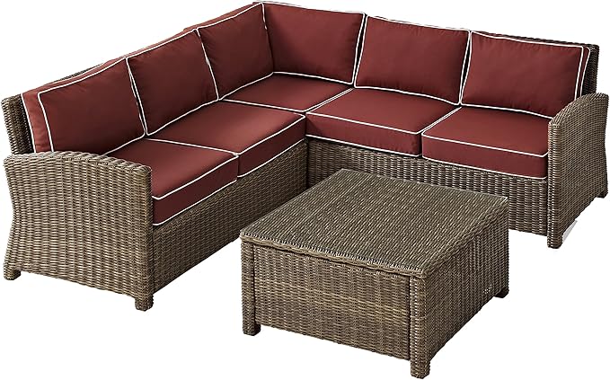 Crosley Furniture Bradenton 4-Piece Outdoor Sectional Sofa Wicker Conversation Patio Furniture Set for Deck, Brown with Sangria Cushions
