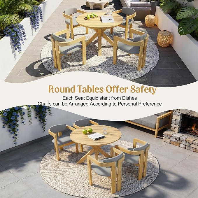 Merax 5 Piece Patio Table and Chairs Set for 4, 4pcs Outdoor Club Dining Chairs with Gray Cushions & 1 Oversize Round Dining Table, Acacia Wood Patio Dining Furniture Set for Balcony Desk Garden