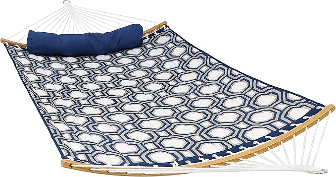 Sunnydaze Outdoor Hammock with Spreader Bar - 450-Pound Capacity Curved Spreader Bar Hammock - Navy and Gray Octagon