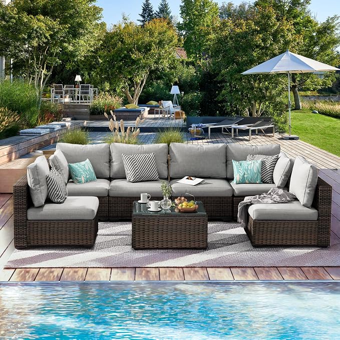 Patio Furniture Set 7 Pieces, Rattan Outdoor Sectional Conversation Sets, All Weather Outdoor Furniture Set with Cushions for Garden Lawn Balcony Porch Deck Grey