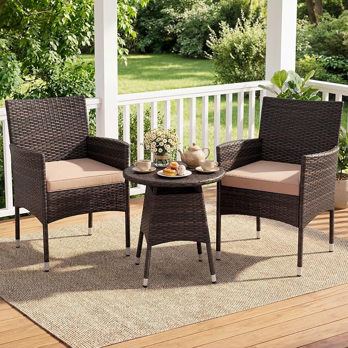 Tangkula 3 Piece Patio Furniture Set, Hand-Woven PE Wicker Conversation Set with Contoured Armchairs, Cushions & Round Coffee Table, Outside Bistro Set for Porch, Backyard, Balcony & Poolside (Beige)