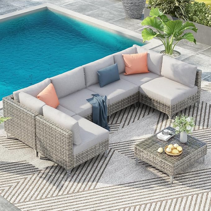 VilroCaz 7-Piece Outdoor Patio Furniture Set, Wicker Sectional Sofa wThick Seat Cushions, All-Weather Conversation Sofa Sets with Coffee Table for Outdoor Couch, Porch, Backyard (Grey-7C)
