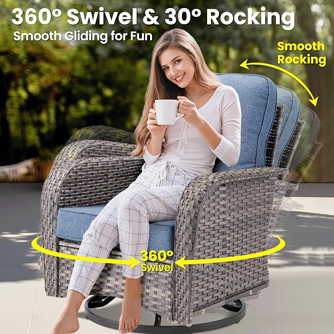 ovios 7 Pieces Patio Furniture Set, Outdoor Wicker Sofa Couch with Swivel Glider Chairs Fire Pit Table, Modern Deep Seat Rattan Conversation Sets for Deck Porch, Denim Blue