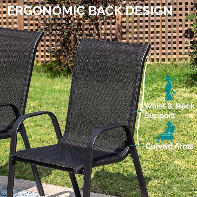 MAMIZO 7 Pieces Patio Dining Set for 6, Outdoor Table and Chairs w/Rectangle Glass Table and 6 Textilene Stackable Chairs, Patio Furniture Set w/1.69" Umbrella Hole (Grey Table & Black Chair)