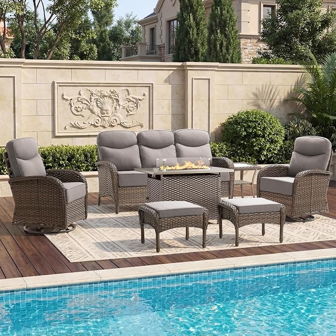 High Back Luxury Patio Furniture Set with Fire Pit Table, 6-Inch Cushion Swivel Rocker Patio Chairs with Outdoor Couch, 7 Piece Wicker Conversation Set for Deck Yard Garden Balcony Gray