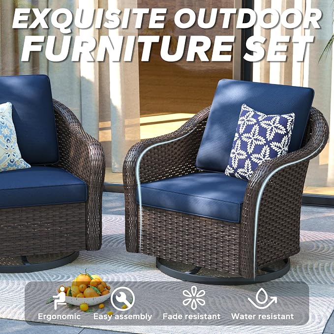 5 PCS Outdoor Conversation Set | 78" Couch, 2 Chairs, 2 Swivel Chairs, Patio Wicker Conversation Furniture with Removable Cushions for Bistro, Deck, Sunroom (Navy Blue)