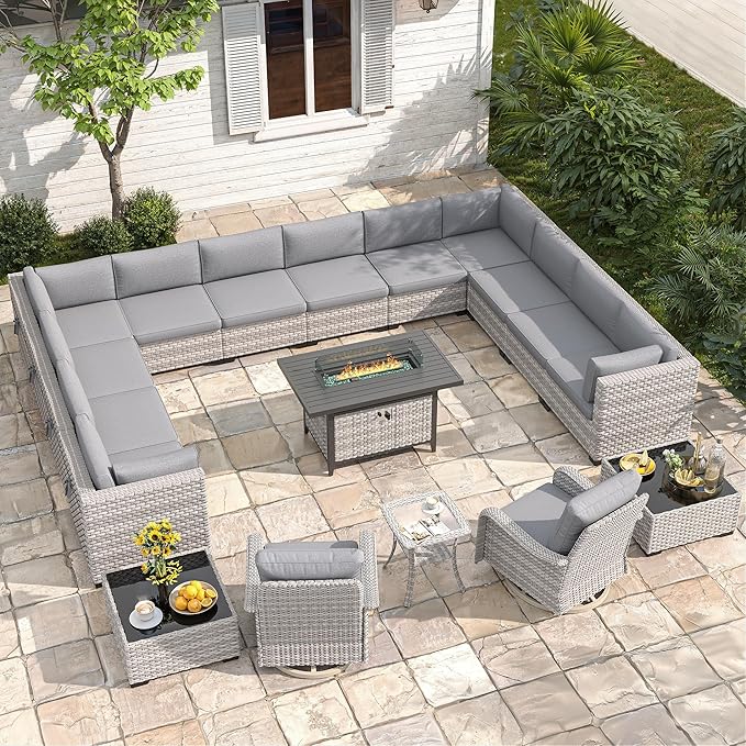 14-Seat Outdoor Wicker Patio Furniture Set with Fire Pit Table, Modular Rattan Sectional Sofa & 2 Swivel Rocking Chairs, 4" Thick Cushions, Rust-Resistant Frame,Gray