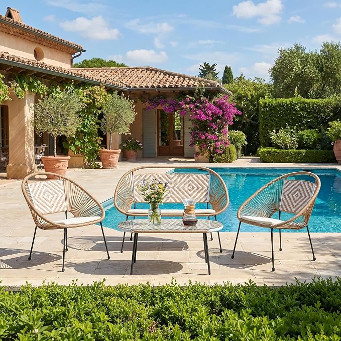 4-Piece Outdoor Patio Furniture Set, Wicker Sofa and Chairs with Cushions, PE Rattan All-Weather Conversation Set with Coffee Table for Backyard, Patio, Poolside, Garden, Deck, White