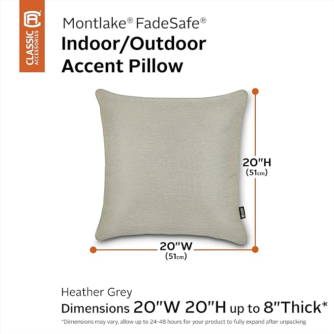 Classic Accessories Montlake FadeSafe Indoor/Outdoor Accent Pillows, 20 x 20 x 8 Inch, 2 Pack, Heather Grey