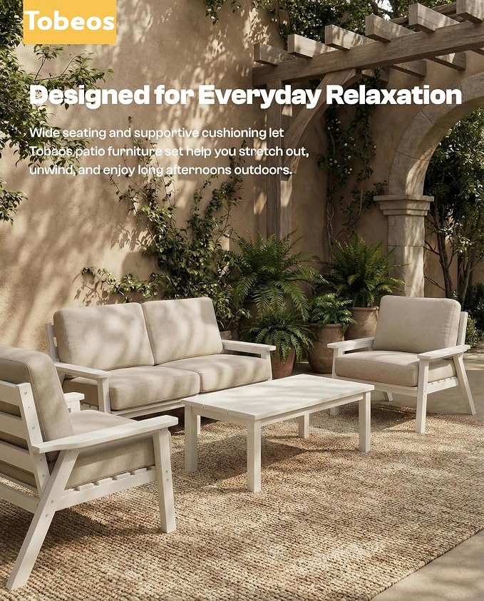 HDPE 5 Piece Patio Furniture Set, Outdoor Couch with Washable Thick Beige Cushions & Coffee Table, Outdoor Sectional Furniture for Backyard, Deck, Lawn, Porch (White Frame)