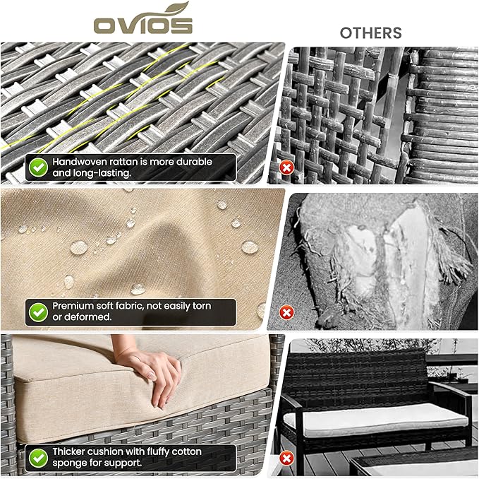 ovios Patio Furniture Set, 9 Pieces Outdoor Wicker Sofa Couch with 6 Chairs, Ottomans and Comfy Cushions, All Weather High Back Rattan Conversation Set, Beige