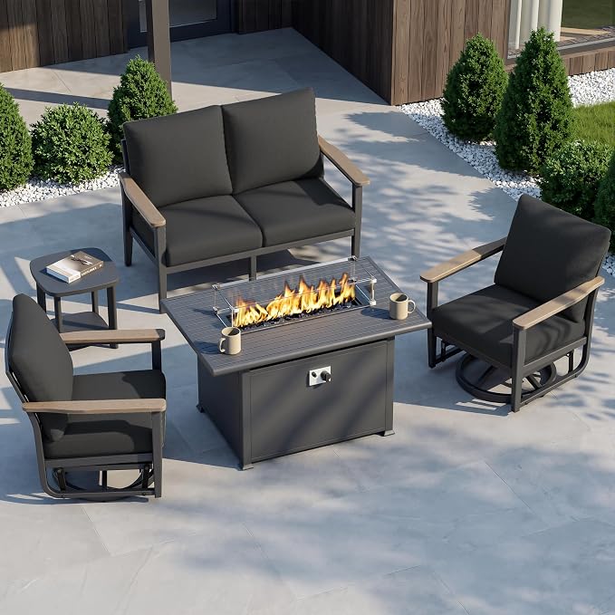 Aluminum Outdoor Patio Furniture Set with Swivel Rocking Chairs 9-Seat, Patio Sectional Sofa Patio Conversation Set with 55,000 BTU Fire Pit Table High Backrest & Thickened Cushions, Dark Grey