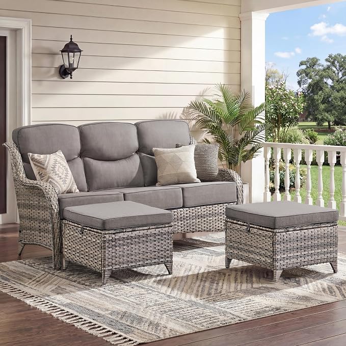 Luxury 3 Pieces Patio Furniture Sets-All Weather Wicker Rattan 3-Seat Sofa Set with Comfy 6" Cushion, Multifunctional Ottomans Patio Conversation Set for Deck Backyard Garden(Grey/Grey)