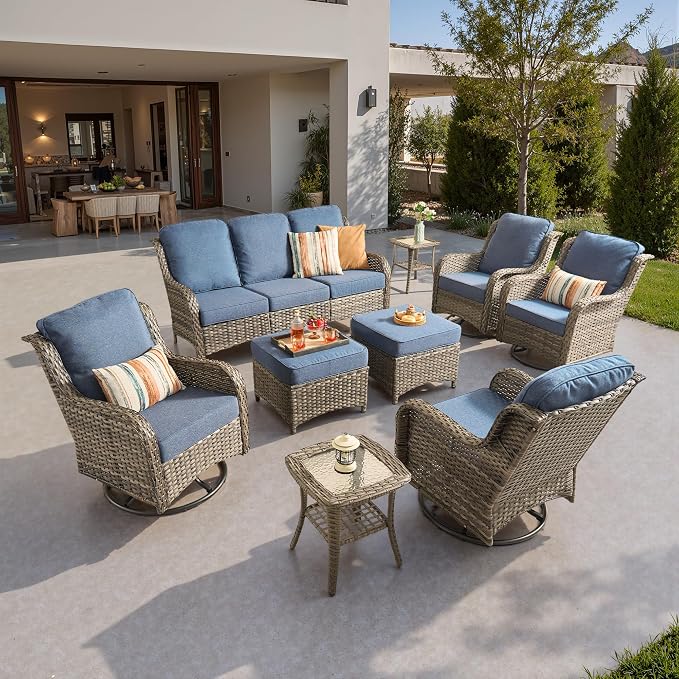 ovios 9-Piece Patio Furniture Set with Swivel Chairs Side Table, Outdoor Wicker Sofa with Comfy Cushions, High Back Couch Modern Conversation Sets, Grey/Denim Blue