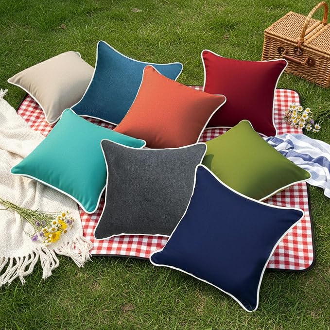 HER HWA Outdoor Throw Pillow Covers White Piping 18x18 Set of 2, Turquoise | durable fade-resistant water-resistant 100% polyester white piping smooth zipper machine washable for indoor outdoor décor