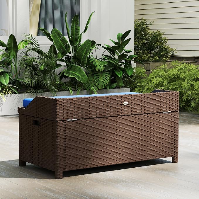Outsunny Outdoor Wicker Storage Bench Deck Box, PE Rattan Patio Furniture Pool Storage Bin Container with Interior Waterproof Cloth Bag and Comfortable Cushion, Navy Blue