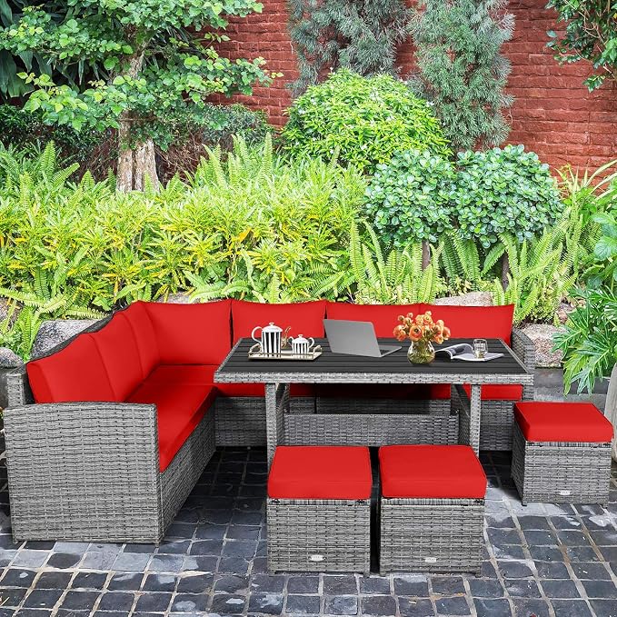 HAPPYGRILL 7 Pieces Rattan Wicker Patio Conversation Set, Outdoor Patio Furniture Set with Cushions, Rattan Sofa Set with Dining Table & Ottomans for Poolside Backyard Balcony Garden (Red)