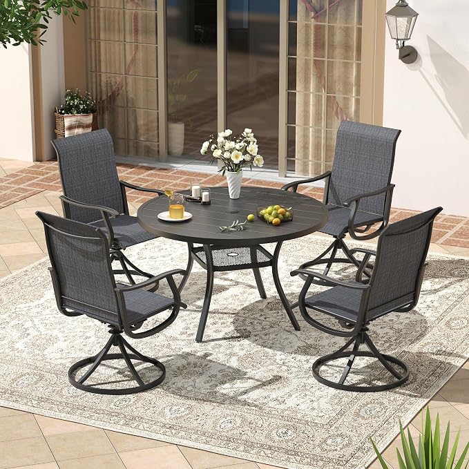 VICLLAX Patio 5 Pieces Outdoor Dining Set, 40.6" Round Metal Table with Umbrella Hole and 4 Swivel Textilene Chairs for Lawn, Garden, Porch, Black/Dark Grey