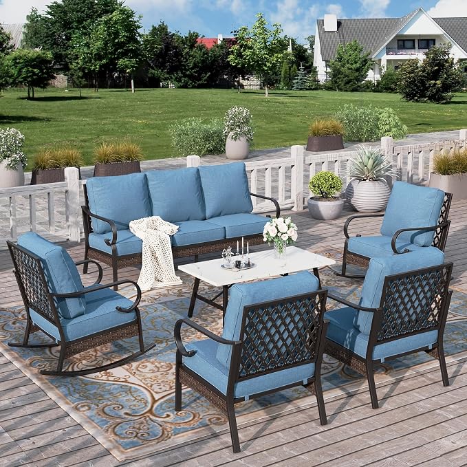 HERA'S HOUSE 6 Piece Metal Patio Furniture Set, All Weather Outdoor Conversation Set with 3-Seat Sofa, 2 Rocking Chairs, 2 Fixed Chairs & Coffee Table, 7 Seats for Backyard, Garden, Deck, Navy Blue