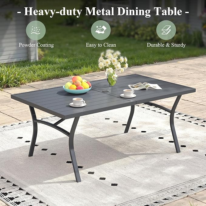 Patio Table and Chairs Set for 6, Outdoor Dining Set with 6 Stackable Dining Chairs and 63.1" x 28" Rectangle Patio Metal Table for Backyard, Deck, Lawn, Garden, Grey & Dark Grey