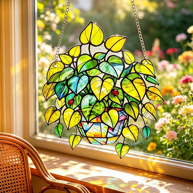 Plant Suncatcher Glass, Stained Glass Suncatcher Plant Window Hanging, Unique Nature Lover Gifts Leaf