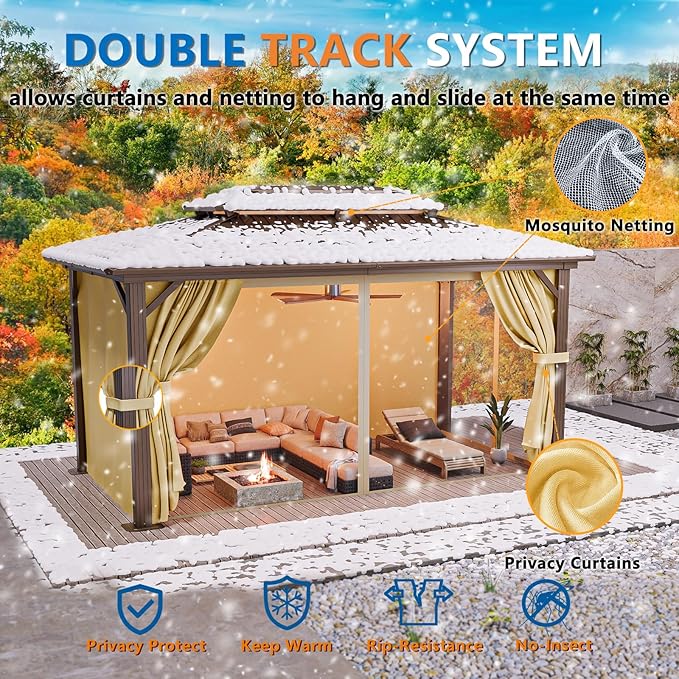 HOTEEL 10x15 Hardtop Gazebo On Clearance with Heavy Duty Galvanized Steel Metal Roof, Patio Hard Top Gazebo with Curtains & Netting,Outdoor Permanent Hot tub Pergola Pavillon for Backyard,Deck,Brown