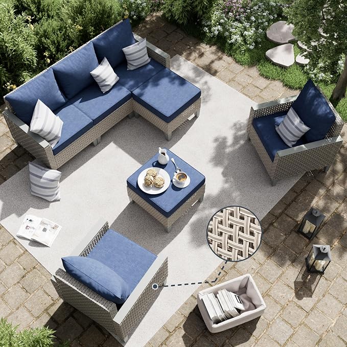 Outdoor Patio Furniture Set 7-Piece Modular Wicker Sectional Sofa with Ottomans and Thick Cushions, Modern Rattan Outdoor Conversation Couch for Garden Backyard, Navy