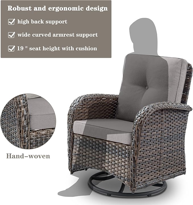 Belord Patio Wicker Chairs Swivel Rocker - Outdoor Swivel Rocking Chairs Set of 2 with Rattan Side Table, Patio Swivel Glider Chair 3 Piece Patio Furniture Sets for Patio Porch Pool Brown/Grey