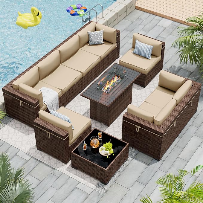 Patio Furniture Set with 44'' Propane Gas Firepit Table, 10 PCS Modular Outdoor Sectional Conversation Sets, All-Weather Wicker Patio Set for Backyard, Beige (Waterproof Covers Included)