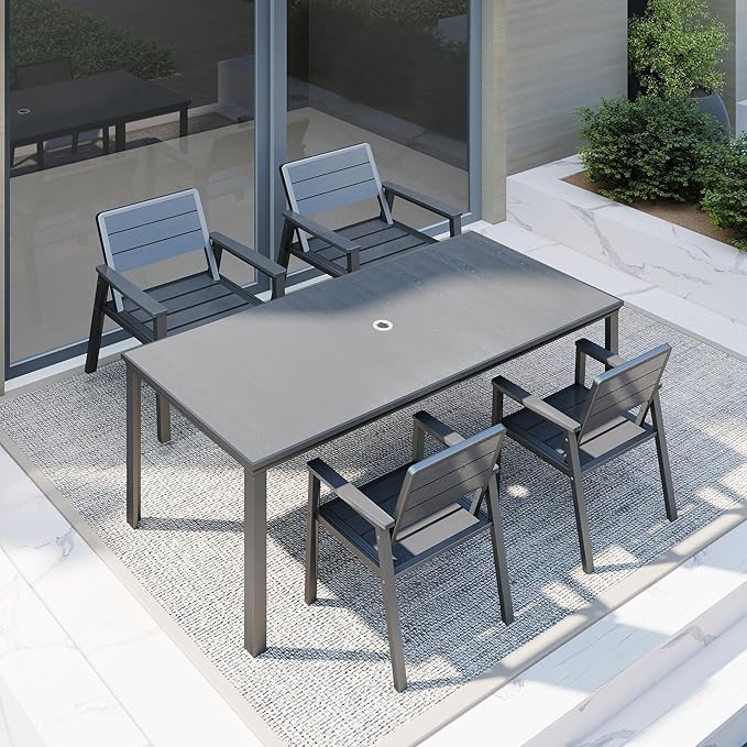 4 Person Outdoor Dining Set, Aluminum & HDPE Patio Table and Chairs with 2" Umbrella Hole, Weather-Resistant Outdoor Furniture for Backyard, Deck, Porch, Garden, Poolside (Grey)