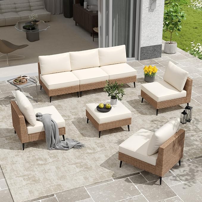 LVUYOYO 7 Pieces Outdoor Patio Furniture Set, Wicker Sectional Sofa Couch, Rattan Conversation Sets with Cushions for Deck, Backyard, Porch (Khaki)