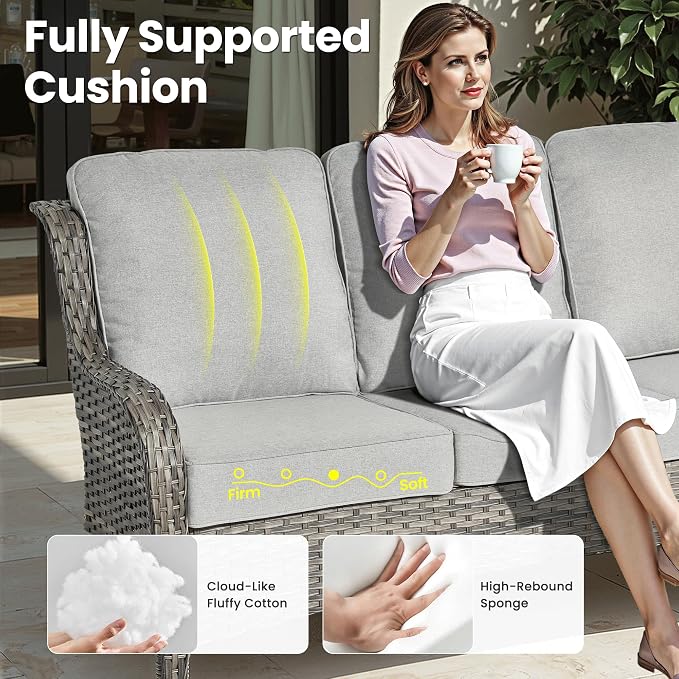 ovios 7-Pieces Patio Furniture Set with 42" Fire Pit Table Swivel Chairs, Outdoor Wicker Sofa Couch Gliders Rocker, High Back Modern Conversation Set, Grey Rattan, Grey