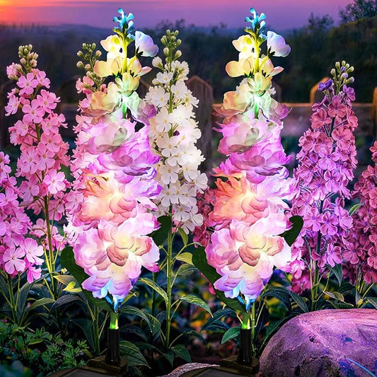 GIGALUMI Solar Lights Outdoor for Garden Decor, 2 Pack Solar Flower Lights Waterproof, 2 Lighting Modes Delphinium for Pathway,Yard, Patio Decoration, Gardening Gifts for Women (Pink)