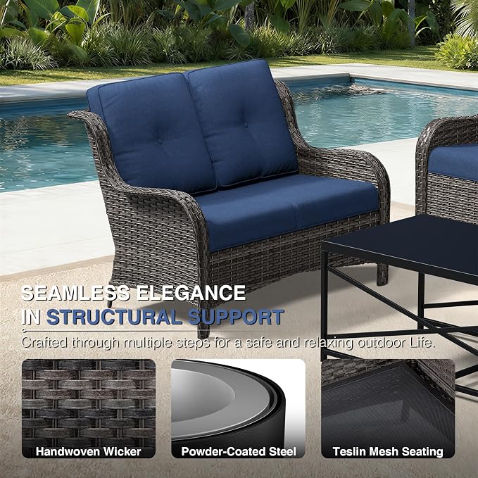 Joyside 6 Piece Wicker Patio Furniture Set, Outdoor Swivel Rocker Patio Chairs with High Back, Deep Seating, Wide Armrest, Thickened Cushions, Outdoor Furniture for Deck, Porch Use