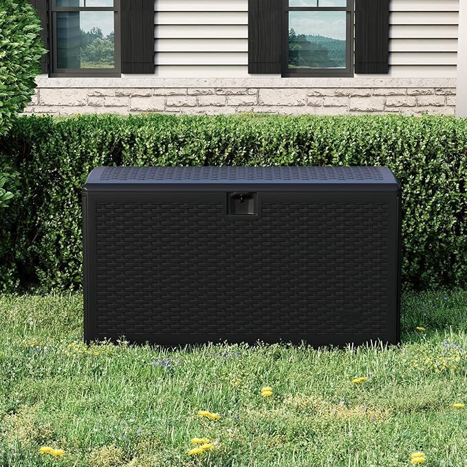 Takywep 73 Gallon Lockable Resin Deck Box, Waterproof & UV Resistant Outdoor Storage Chest, Patio Storage Bench with Webbing for Cushions, Garden Tools & Pool Accessories, Black