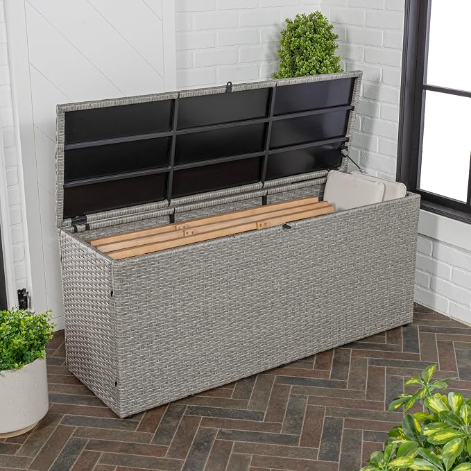 happimess TRK1002A Nino 59.06" Modern Minimalist Outdoor Faux Wicker Deck and Patio Storage Box, Gray, Soft-Close, for Package Delivery, Patio Furniture, Cushions, Gardening Tools, Pool Supplies