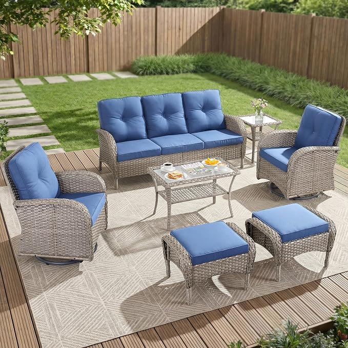 7 Piece Patio Furniture Set - Wicker Patio Conversation Set with Swivel Glider, 3 Seat Sofa, 2 Ottomans, Glass Side Table and Coffee Table for Deck Backyard - Grey Wicker Blue Cushion