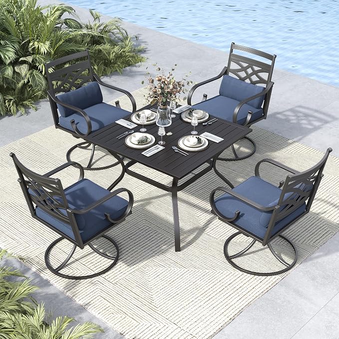 MFSTUDIO 5-Piece Patio Dining Set, 37" Square Metal Table, Swivel Chairs | Umbrella Hole, Blue, Seats 4