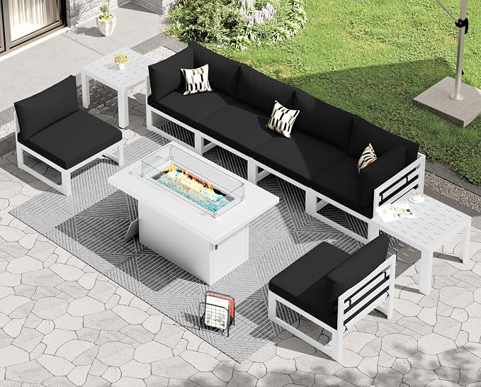 RADIATA 9 Piece Luxurious Aluminum Patio Furniture Set with Fireplace, 500 lbs Durable Outdoor Sectional Sofa, 29" Deep and Wide Big Seats, U Shaped Combo Conversation Couch for Outside Deck, Black