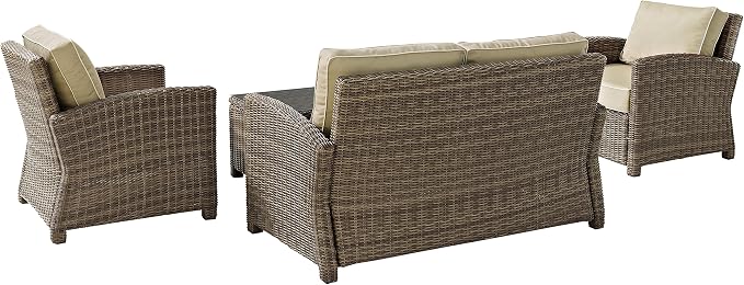 Crosley Furniture Bradenton 4-Piece Outdoor Loveseat Patio Furniture Set, Wicker Conversation Sets for Porch, Brown with Sand Cushions
