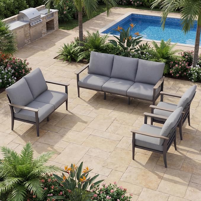 Aluminum Outdoor Patio Furniture Set 7-Seat, Patio Conversation Set Sectional Furniture Set with High Backrest & Thickened Cushions for Garden, Backyard, Poolside, Grey
