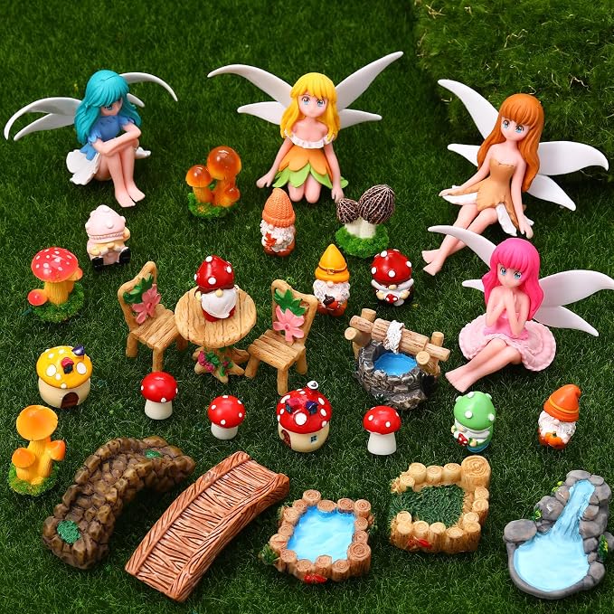 29Pcs Fairy Garden Accessories, Miniature Garden Ornaments Landscape Decorations Mini Fairy Figures Gnome Figure Animal Plant Furniture Set for DIY Terrarium Potted Plants Dollhouse Desk Decor