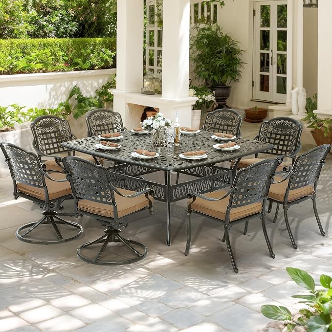 SOCIALCOMF 9-Piece Patio Cast Aluminum Dining Set, Outdoor Table and Chairs Set for 8, Includes 64" Large Square Dining Table, 4 Stationary, 4 Swivel Dining Chairs with Umbrella Hole, Tan