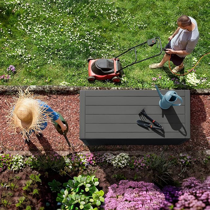 Homall 100 Gallon Deck Box Large Resin Waterproof Outdoor Storage Box with Padlock and Built-in Handles Storage Container for Cushions, Toys and Garden Tools (Black)