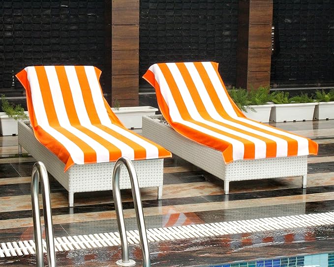 COTTON CRAFT Pool Lounge Chair Cover - 2 Pack - Chaise Beach Picnic Spa Towel - Cabana Stripe - Soft Premium Ringspun Terry Cotton - Oversized - 32 inch wide x 82 inch long with 7 inch Pocket – Orange