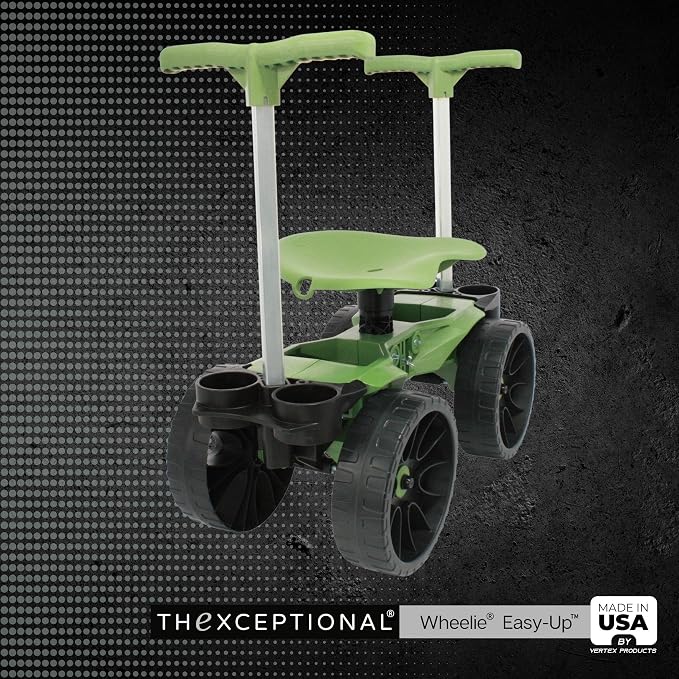 TheXceptional Wheelie Easy-Up EX530 Rolling Garden Stool & Cart with Wheels | Ergonomic rolling garden seat & scooter with Easy-Up handles for seniors. Made in USA by Vertex. 360° swivel, 10" wheels.