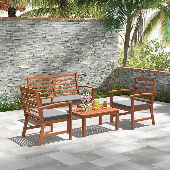 Tangkula 4 Pieces Outdoor Furniture Set, Acacia Wood Conversation Set w/Soft Seat Cushions, Stable Acacia Wood Frame, Patio Sofa & Coffee Table Set for Backyard, Porch, Poolside (Grey)