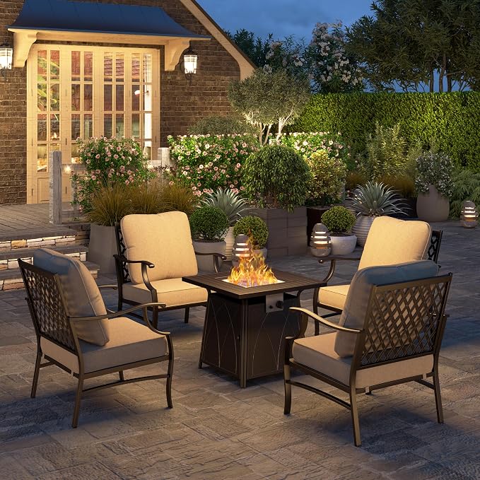 HERA'S HOUSE 5 Pieces Patio Furniture Set with Fire Pit Table, 4 x Thick Cushioned Chairs, 1 x Fire Pit Table (50,000 BTU), All Weather Outdoor Conversation Set for Garden, Backyard, Lawn