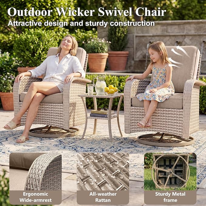 Patio Furniture Set, 17-Piece Outdoor Sectional Sofa with Swivel Rocker Chairs & 2-Layer Glass Coffee Table, Wicker Patio Conversation Set with Khaki Cushions